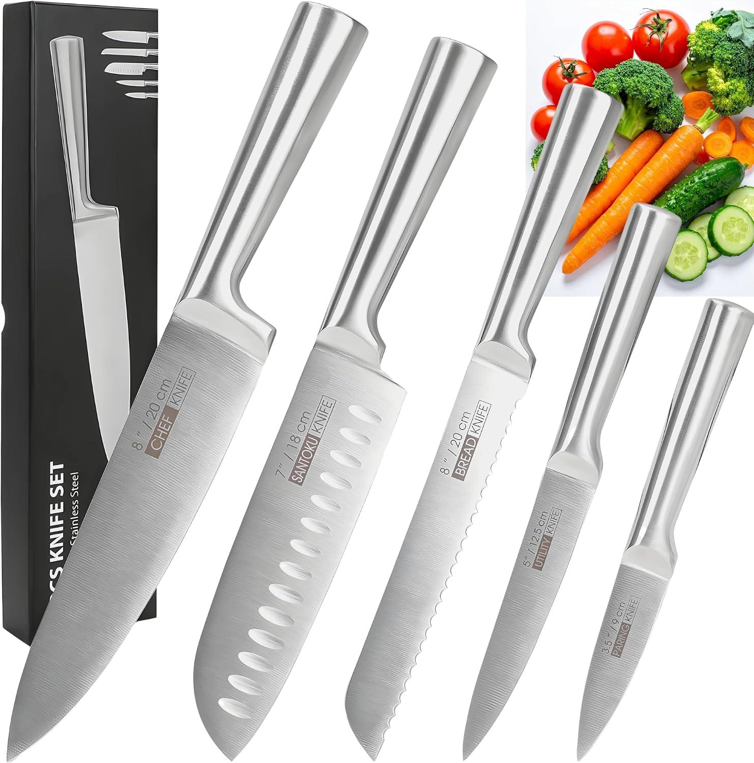 Jogo de 5 Facas Inox 4Cr13 | Conjunto de Facas de Cozinha Profissional Aço Inoxidável | Design Ergonômico e Resistente à Ferrugem, Ultra Afiadas e Precisão Suíça, Lâminas Inteiriças, Facas Premium