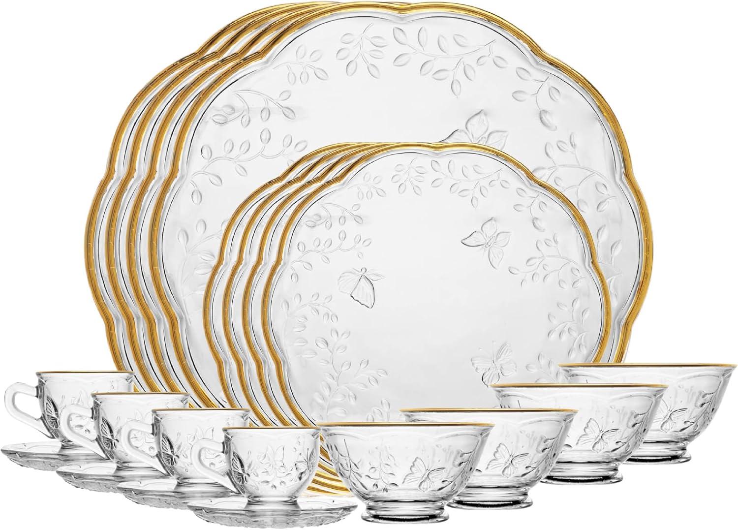 LYOR - Jogo de Jantar 20 peças New Butterfly em Cristal Ecológico com Fio de Ouro - Serve 4 Pessoas - 4 Xícaras com Pires, 4 Bowls, 4 Pratos Rasos e 4 Pratos para Sobremesa.