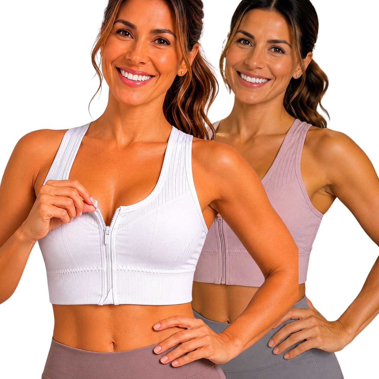 Kit com 2 Tops Fitness Femininos Canelados em Poliamida com Zíper Frontal e Bojo Removível