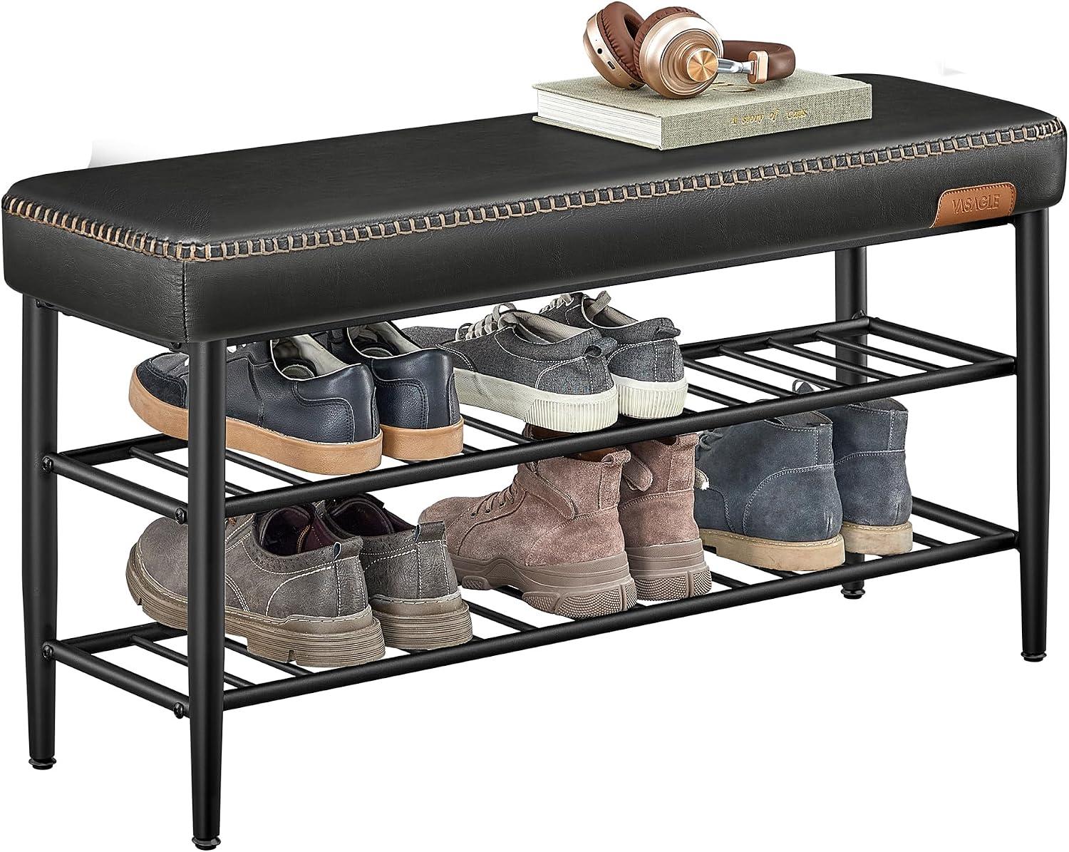 VASAGLE Banco para Armazenamento de Sapatos EKHO Collection, Banco Sapateira para Entrada, Couro Sintético com Costura, Estilo Moderno de Meio Século, Suporta 135 kg, Preto TInta BRLSB113B01