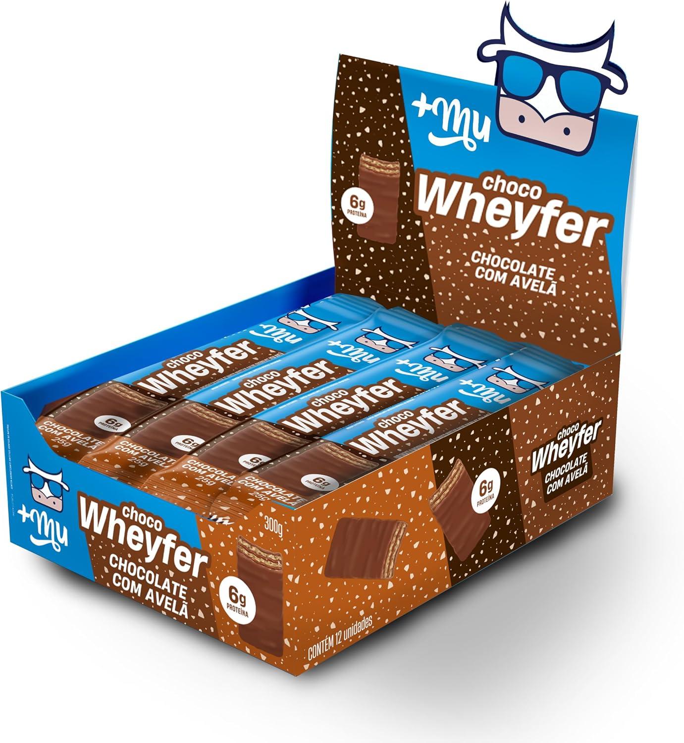 Chocowheyfer, Mais Mu, Wafer Proteico Sabor Chocolate e Avelã, 6g de Proteína, Zero Açúcar, Display com 12 Unidades