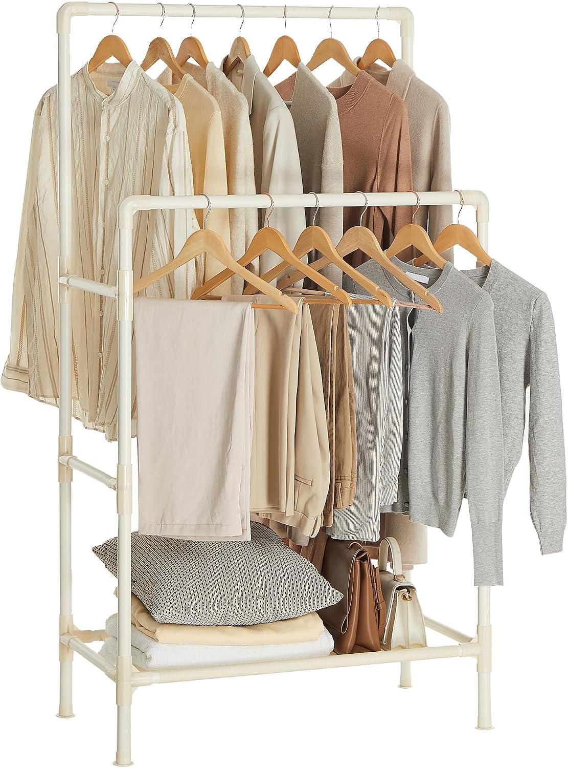 SONGMICS Cabideiro, Suporte para Roupas de Metal, com 2 Barras para Roupas, 1 Prateleira, Suporta até 55 kg, Montagem Fácil, Branco BRRDR01WT