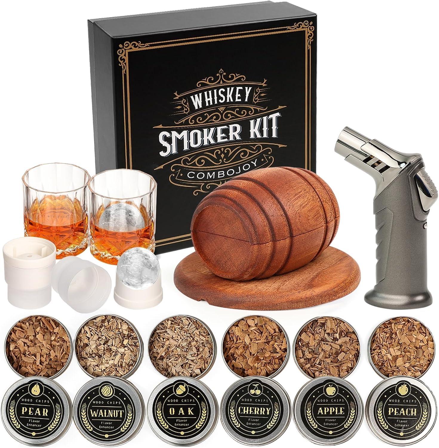 Kit defumador para uísque com mini maçarico, 6 tipos de lascas de madeira para diferentes sabores, 2 copos, 2 formas de gelo redondo, ideia de presente para homens (sem butano)