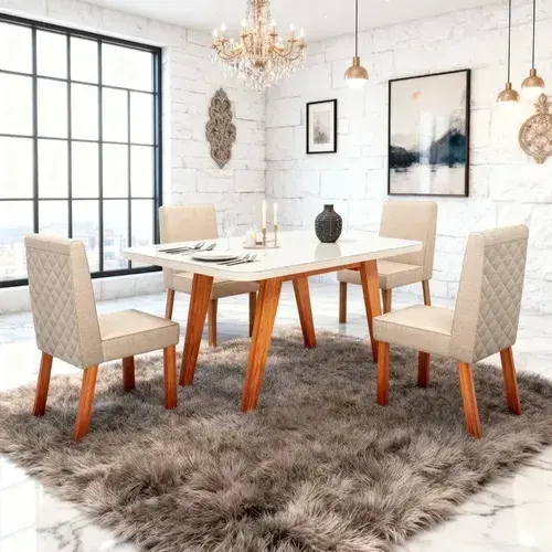 Sala De Jantar 130x90 Mavie Vidro Off 4 Cadeiras Bom Pastor Off-white Naturale Linho Off