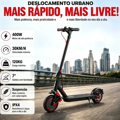 Patinete Elétrico Dobrável 400W 30km/h para Trabalho, Faculdade e Lazer