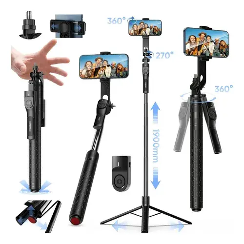 Tripé Bastão Pau De Selfie Profissional Até 1,9M Com Controle Remoto Bluetooth Suporte Celular Portátil Extensível e Rotação 360°, Parafuso 1/4 Compatível Câmeras, Gopro,ios E Android para Vlog Live