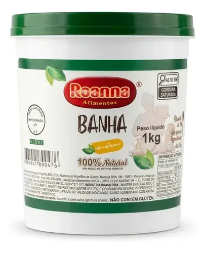 Banha De Porco Suína Natural Sem Conservantes 1kg Roanna