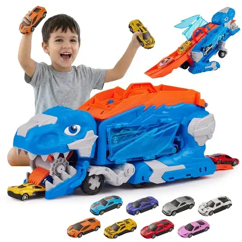 Brinquedo Caminhão Dinossauro Pista Lançador 8 Carrinho Maleta Infantil Brinquedo Grande Transportadora Engolir Lançadora Com Carrinhos Azul