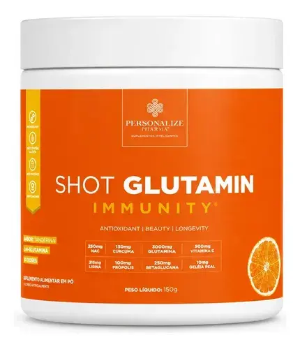 Shot Matinal Personalize Pharma de L-Glutamina e NAC para Imunidade Sabor Tangerina 150g