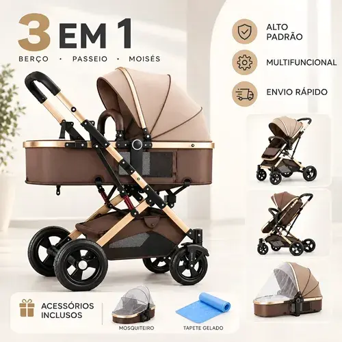 Carrinho De Bebê 3 Em 1 Reclinável Berço Preto Dourado