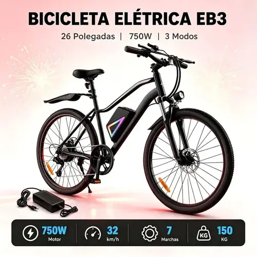 Bicicleta Elétrica Xroymexroy EB3 26" 750W 40km Autonomia com Bateria 36V, Suspensão Dianteira, 7 Marchas e APP Voltix