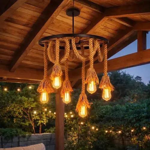Luminária Rústica, Lustre Pendente Industrial, com 6 Cordas Rústicas Decorativas, Ideal para Instalação no Teto