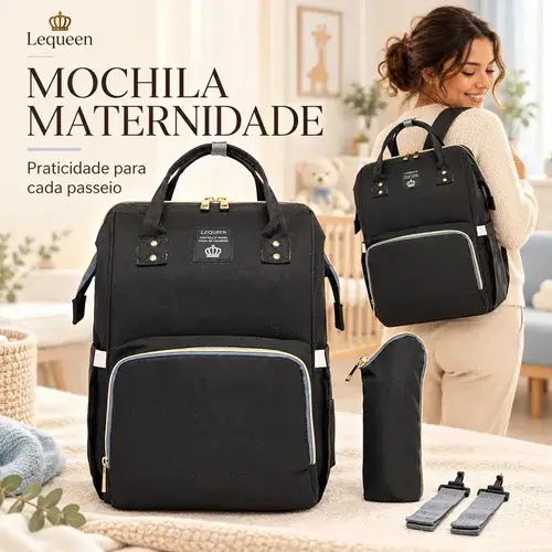 Mochila Maternidade Lequeen ReforçAda Passeio Viagem Preto Liso Saquinho Maternidade Bolsa Termica Para Mamadeira Capacidade 17 Litros Conta Com 4 Bolsos TéRmicos