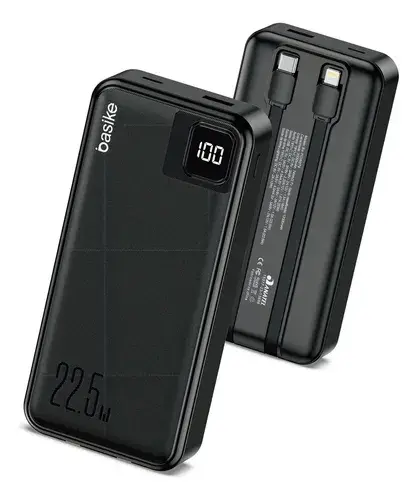 Power Bank Basike 20000mAh Preto, Carga Rápida 22.5W para iPhone e Samsung, Com Cabos Embutidos e Display