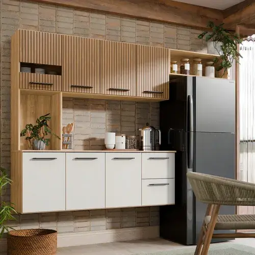 Armário de Cozinha Completa Aéreo 7 Portas e 2 Gavetas Planejada Suspenso Branco Off White Ripado 3D Carvalho Nature Amadeirado Juliana