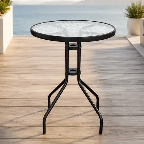 Mesa Redonda Vidro Transparente 60x70cm Pés Estrutura Aço Resistente Área Externa Jardim Sacada Varanda Cor Preto
