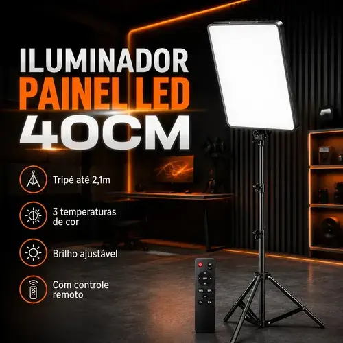 Iluminador De Estúdio Para Fotos Vídeos Profissional 40cm Tripé 2.1 Metros Com Controle Remoto 3 Temperaturas