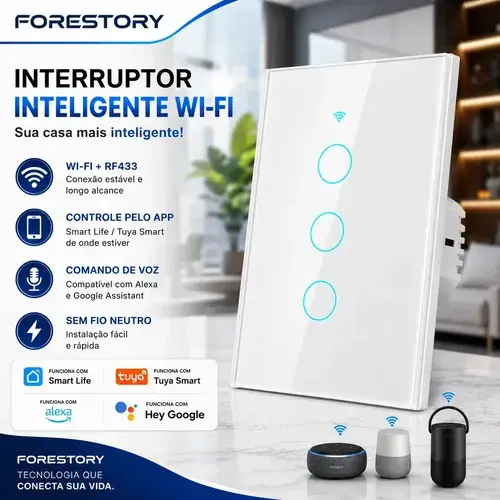 Forestory Interruptor Inteligente Dimmer Wifi 3 Botão Touch Alexa Touch Tuya Smart Life Alexa Google Home Aligenie Yandex Alice Smart Automação Compatível Wifi 2.4ghz Rf433 Bluetooth 100-240v 10a