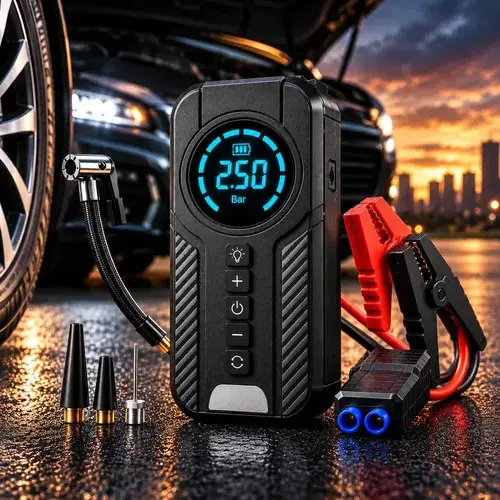 Auxiliar De Partida Bateria Carro Compressor De Ar Portátil 12V 4 funções em 1 Inflador Digital Calibrador Pneu Power Bank Lanterna LED Emergência Automotiva Moto SUV Bicicleta Caminhonete MidiaFone