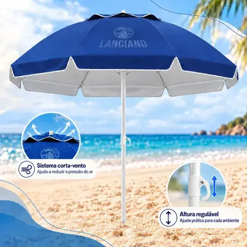 Guarda Sol Praia Grande Gigante 2,40m Proteção UV Corta Vento Respirável Altura Ajustável Verão Piscina Camping Pesca Cor Azul
