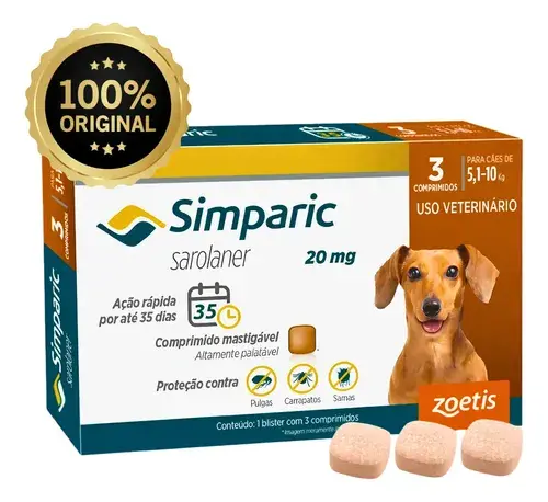 Simparic 20mg 3 Comprimidos Cães 5,1 A 10kg Original