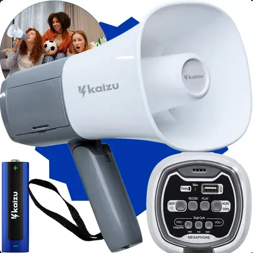 Megafone De Mão Kaizu Profissional 200m Amplificador Recarregável 20w Com Sirene Gravador Palestras Show Protestos Reuniões Volume Alto Voz Potente