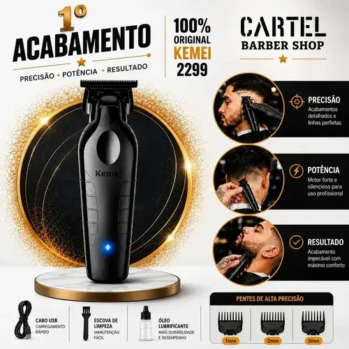 Máquina de Cortar Cabelo Acabamento Pezinho Barba Kemei KM-2299 Sem Fio Profissional Com Carregamento USB Cartel Barber Shop