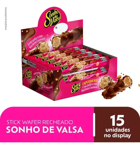 Stick Wafer Recheado Sonho de Valsa Sabor Chocolate - Display com 15 unidades de 25g
