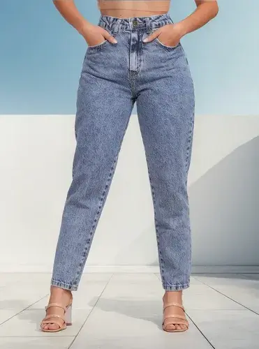 Calça Mom Jeans Feminina Cintura Alta Marmorizada
