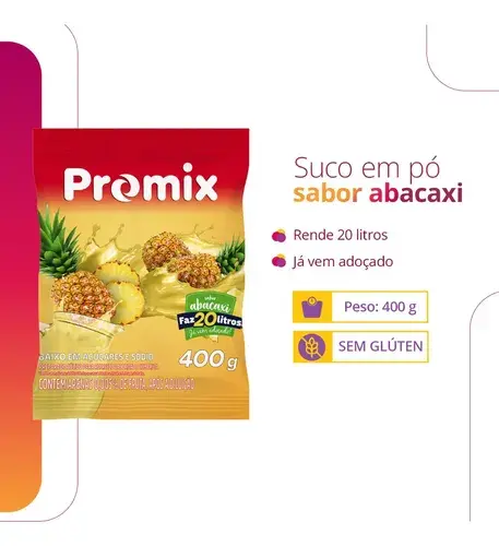 Suco Em Pó Adoçado Sabor Abacaxi Sachê 400g 20 Litros Promix