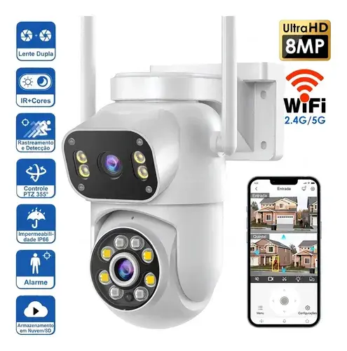 Câmera de vigilância externa Mvpsmart 360° PTZ Wi-Fi 8 MP Full HD - Alarme sonoro/luz, detecção de movimento, visão noturna IP66, áudio bidirecional, armazenamento em cartão SD/na nuvem
