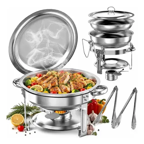 Rechaud Redondo 6 Litros Aço Inox com Queimador a Álcool Buffet Profissional Banho Maria Aquecedor de Alimentos para Restaurante Hotel Catering Eventos Tampa Premium