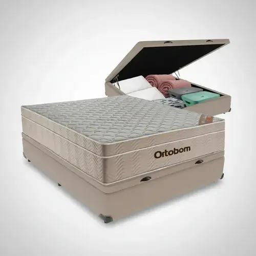 Cama box baú Ortobom Airtech Springpocket casal colchão bege