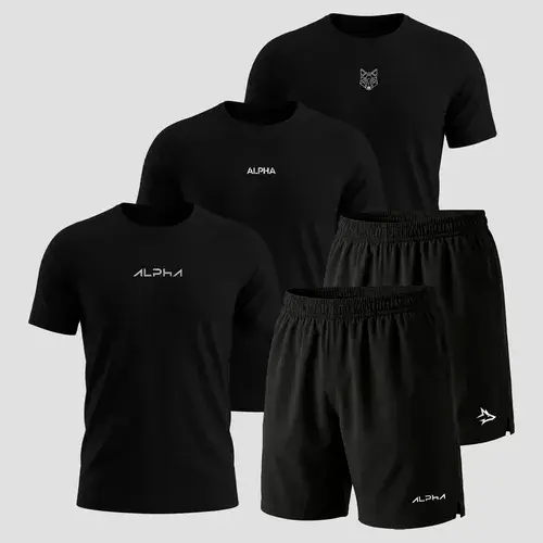 Kit 5 Peças All Black Dry 3 Camisetas E 2 Bermudas Alpha