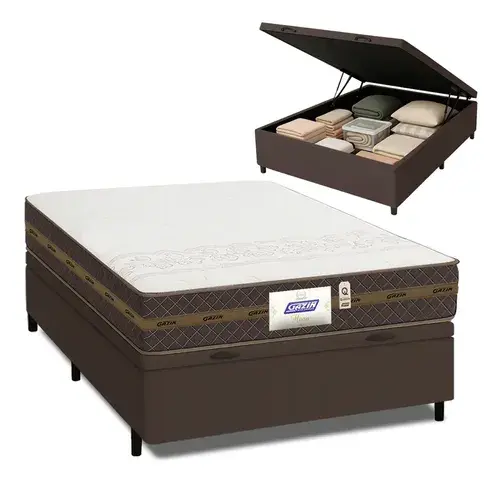 Cama Box Casal Baú Colchão Molas Flora Marrom / Branco