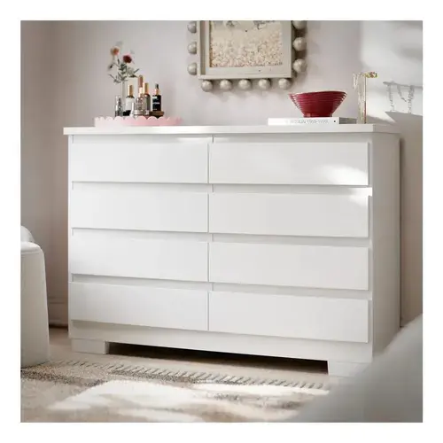 Cômoda 8 Gavetas Pés E Corrediças Telescópicas Para Quarto Grande De Casal Guarda Roupas Grécia Cor Branco.