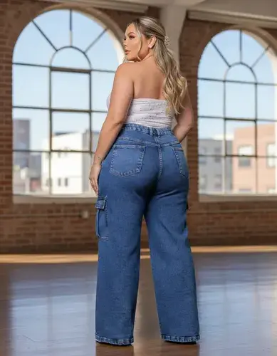 Calça Jeans Plus Size Feminina Cargo Com Lycra Do 46 Ao 56