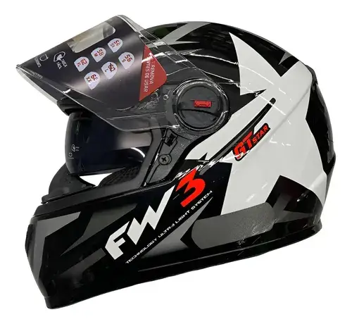 Capacete FW3 GTX Star Preto e Branco Grafite Óculos Interno