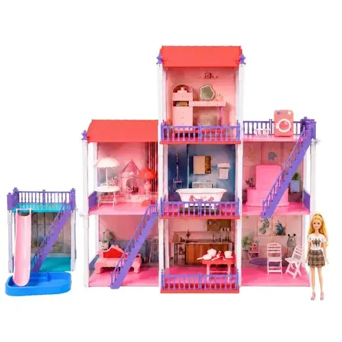 Casinha de Boneca 2 e 3 Andares com Cômodos Grande Móveis Piscina Escorregador Boneca Articulada Maxi Toys - Daisy