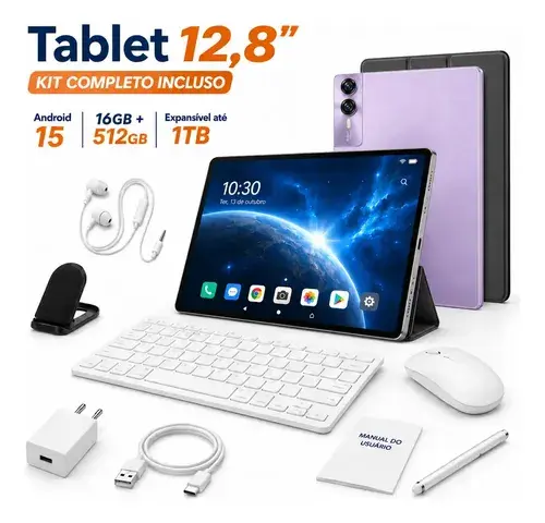 Tablet Android 15 Hancdon 512GB 16GB RAM 12.8" Kit Completo com Teclado e Caneta para Estudo e Trabalho Cor Lavanda