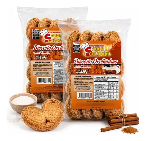 Kit 2 Biscoito Folhado Palmier Açúcar Canela Orelhinhas 230g