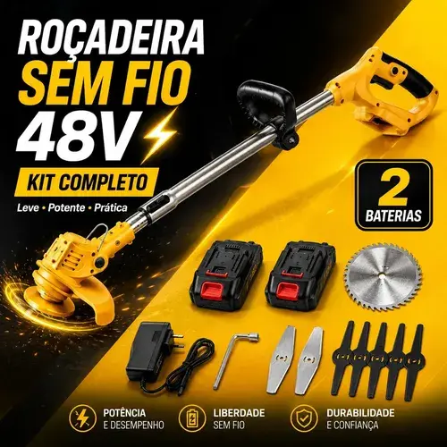 Roçadeira Elétrica Sem Fio 48V Aparador Cortador de Grama Mato e Capim a Bateria Recarregável com 2 Baterias Kit Completo Bivolt Amarela