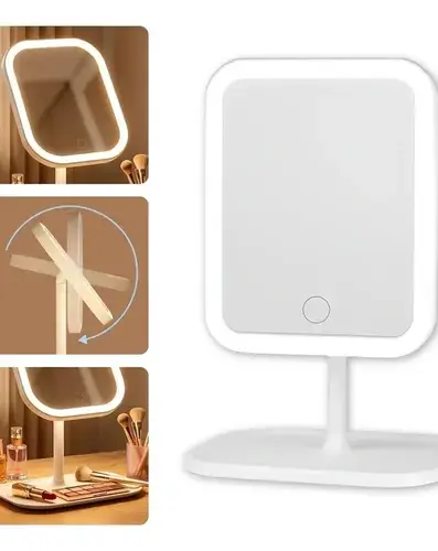Espelho Led De Mesa Touch Recarregável Usb E 3 Cores De Luz