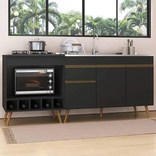 Kit Balcão de Cozinha para Pia e Balcão para Cooktop/Forno 190cm Veneza Multimóveis MP2384 Preto/Dourado