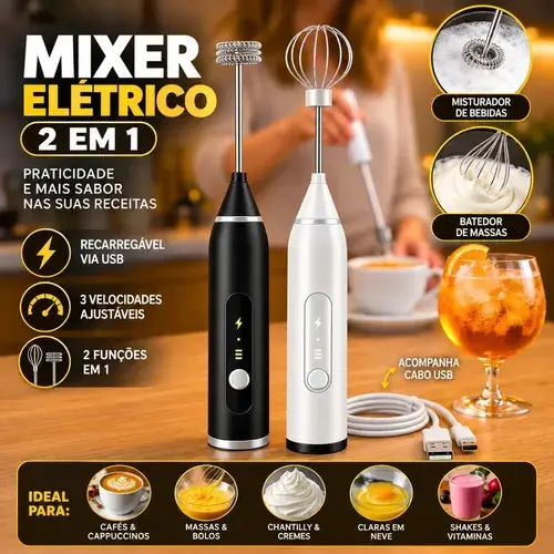 Mini Mixer Misturador De Bebidas Elétrico 2 Em 1 Portátil Recarregável Mexedor De Ovos Whey Leite Café Espuma Shake Drinks Capuccino Suco Comica