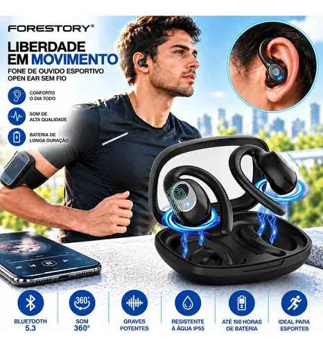 Fone de Ouvido Bluetooth Sem Fio 5.3 X5 OWS Open Ear Esportivo com Gancho Fone Bluetooth TWS Display Microfone HD Grave Potente fones ouvido original HiFi para Academia Corrida Android iPhoneFORESTORY