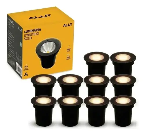 Kit 10 Luminária De Piso Led Solo Embutir Balizador 10w 3000k Branco Quente Ip65 Bivolt Preto Cod:ALUT001702-10 Alut By Avant
