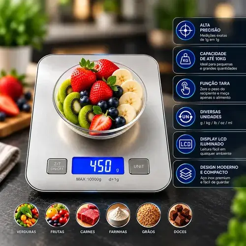 Balança Digital de Cozinha Hardline Cook, 10kg, com Função Tara e Display LCD