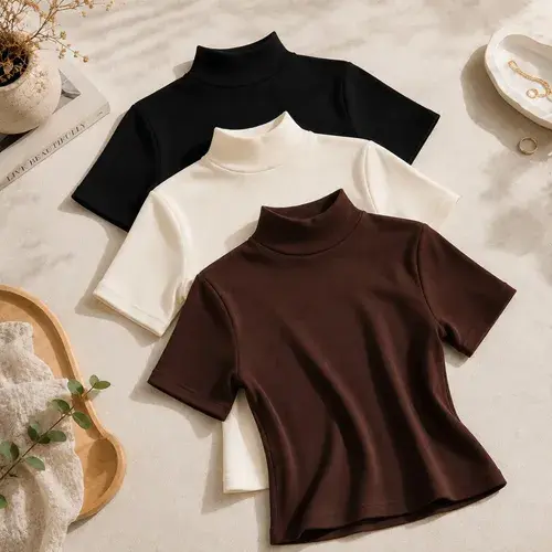 Kit 3 Blusas Gola Alta Feminino Manga Curta Básica Casual