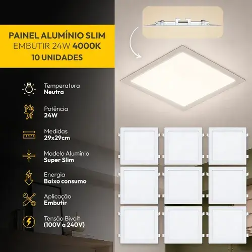 Kit 10 Painel Led Plafon Aluminio Embutir 24w 4000k Branco Neutro 29x29Cm Quadrado Cod: ALUT190074-10 Alut By Avant